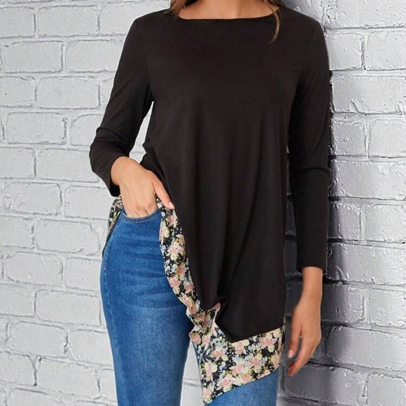 FLORAL HEM ASYMMETRICAL LONG SLEEVE TOP - Picture 1 of 4